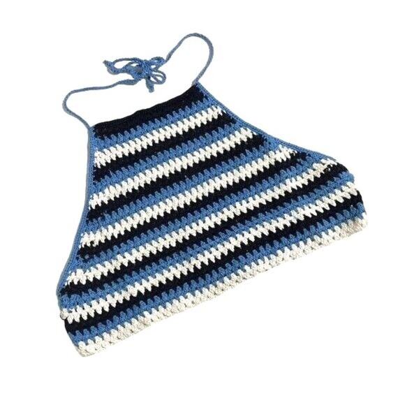 BP.  Junior Crochet Halter Top Size XL Blue Black Ziggy Stripe Boho - Picture 2 of 10